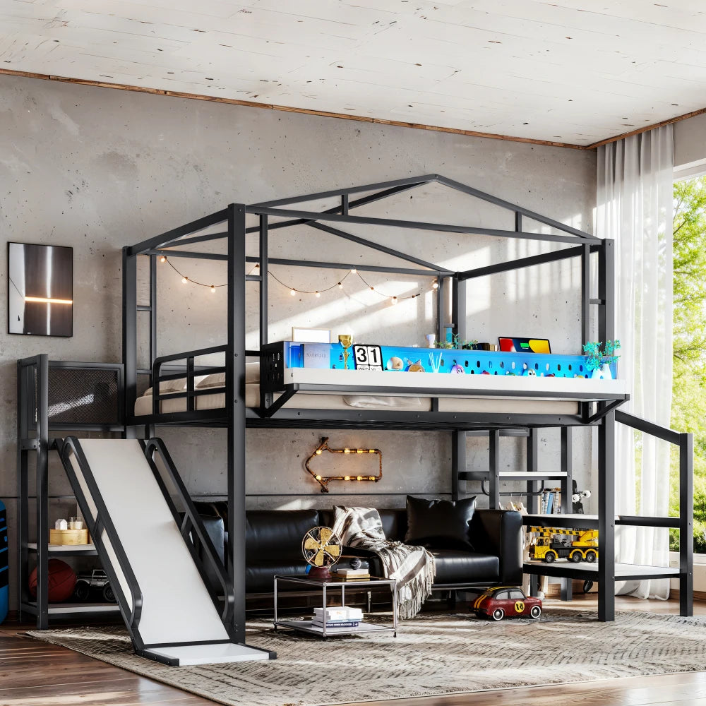 Full Size Loft Bed with Storage Stairs, Shelves and Built-in Wardrobe, Metal Loft Bed Frame with USB Ports and LED Lights,Black