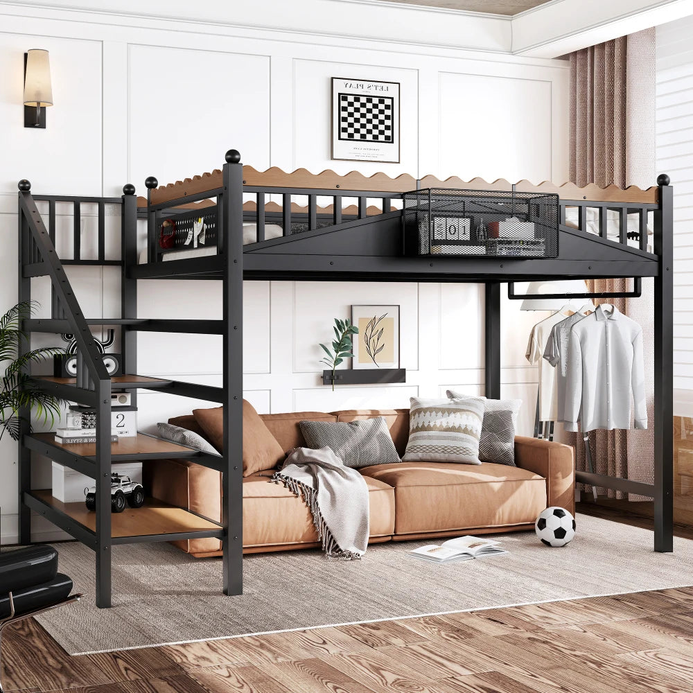 Full Size Loft Bed with Storage Stairs, Metal Loft Beds Frame with Storage Shelves and bookshelf,Black