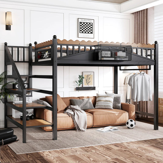 Full Size Loft Bed with Storage Stairs, Metal Loft Beds Frame with Storage Shelves and bookshelf,Black