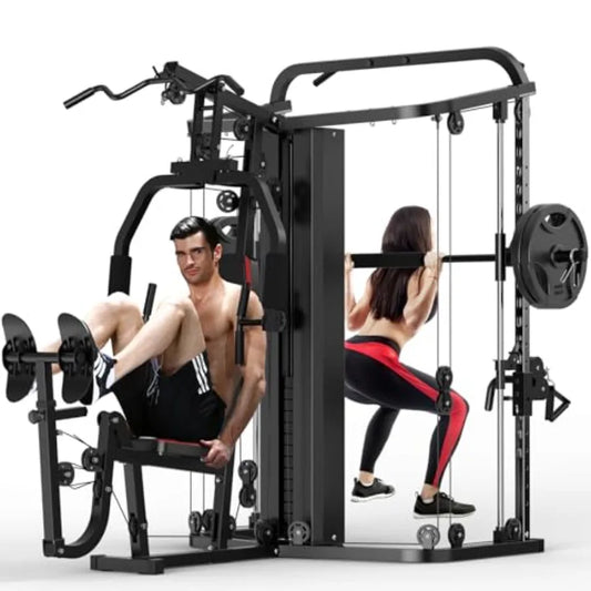 Multifunction Home Gym Equipment Workout Station Smith Machine with 138LB Weight Stack Leg Press LAT Station for Full Body Trai