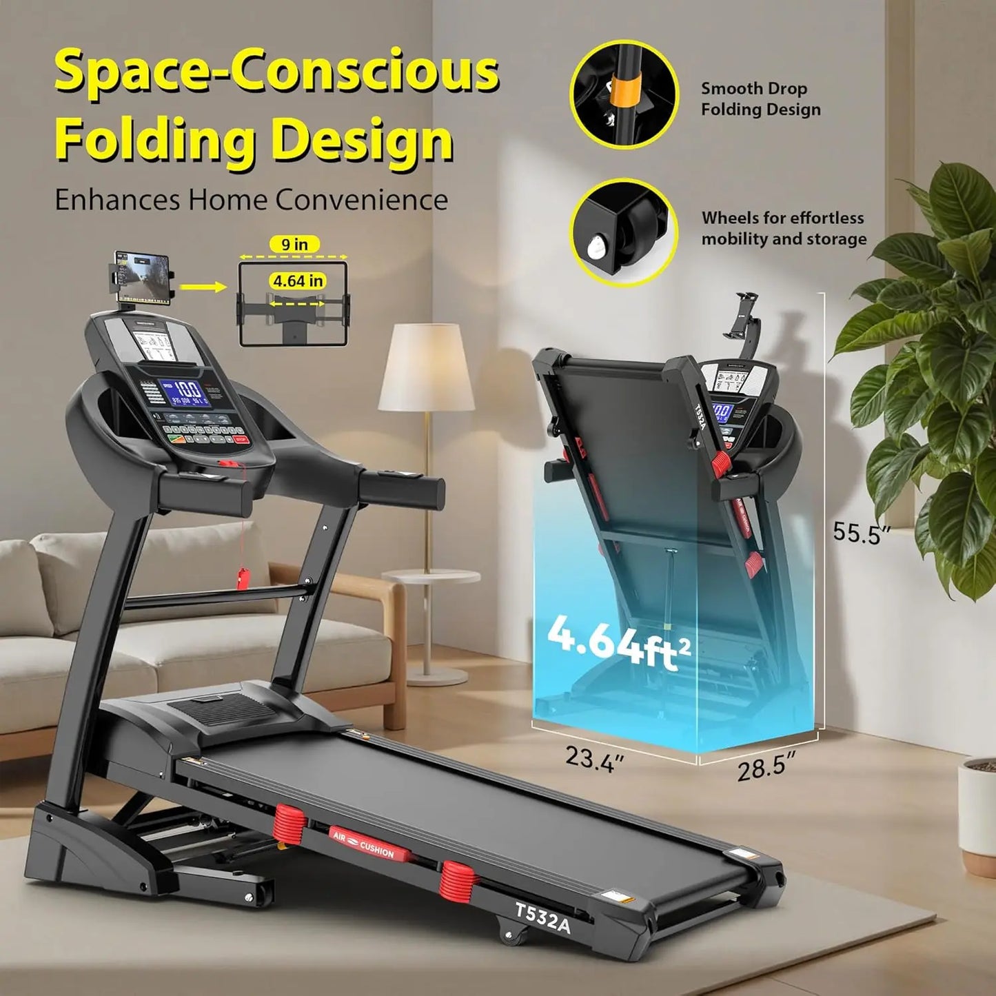 20% Incline Treadmill for Home with Fan, 400lbs Capacity Folding Treadmill, 5.0 HP Running Machine, 18’’ Wide, Customized