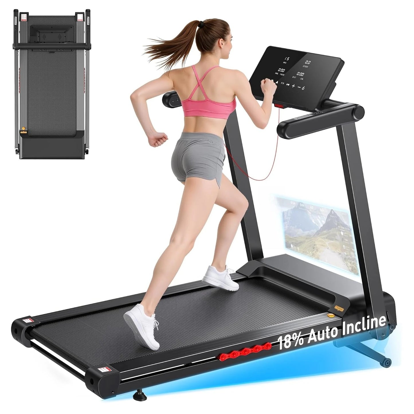 Treadmill for Home with Auto Incline, 3.5-4.5 HP Foldable Running Machine, 12 HIIT Programs,14"- 18" Wide LED, Customized