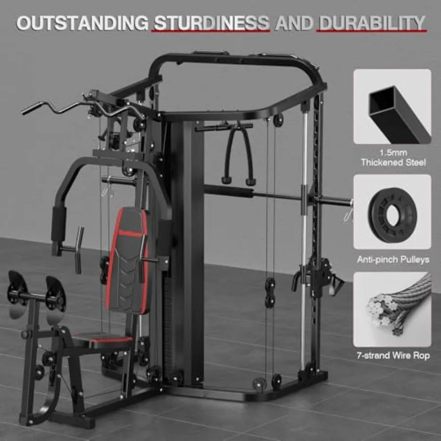 Multifunction Home Gym Equipment Workout Station Smith Machine with 138LB Weight Stack Leg Press LAT Station for Full Body Trai
