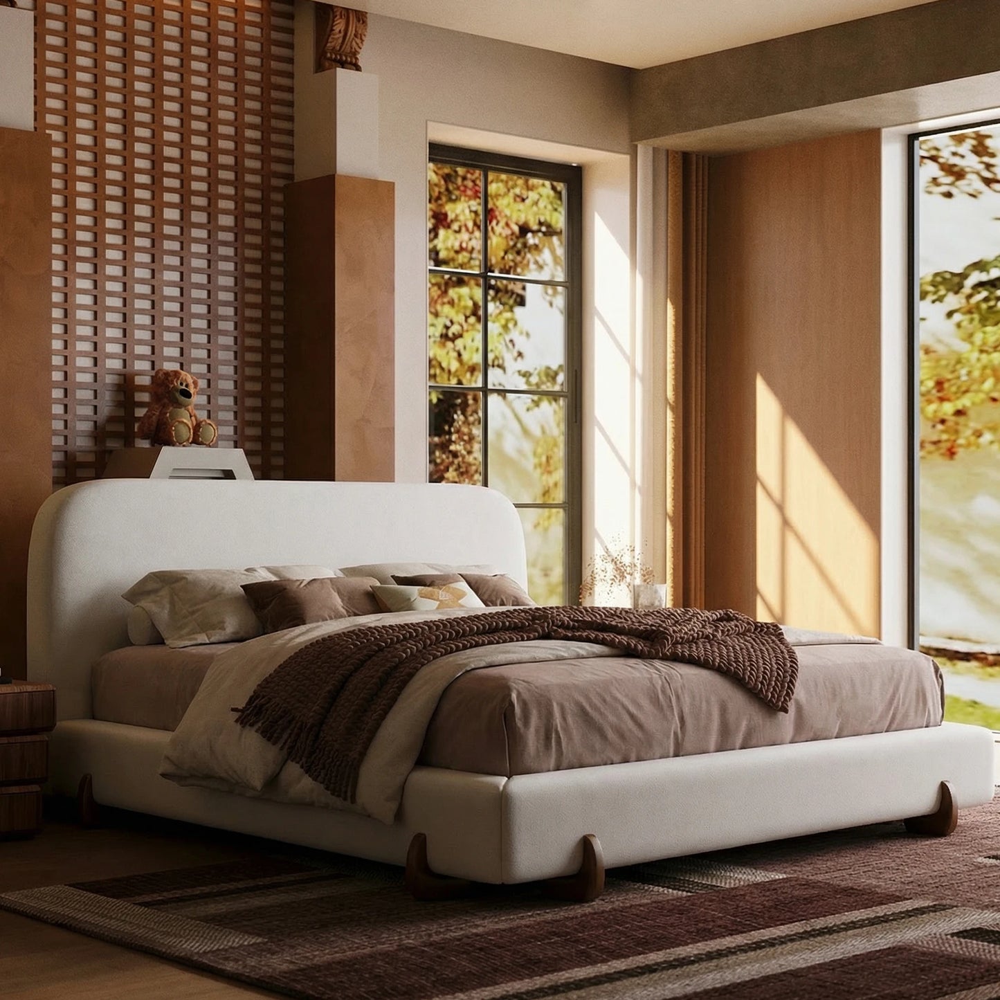 King Size Cloud Bed Frame, White Upholstered Platform Bed Frame with Soft Headboard, Wood Solid Legs, No B，Easy Assembly