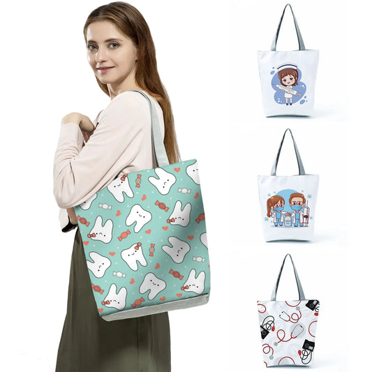 Nurse Printed Handbags Cartoon Fashion Tote High Capacity Eco Friendly Shopping Bag Doctors Portable Bag Women Shoulder Bag